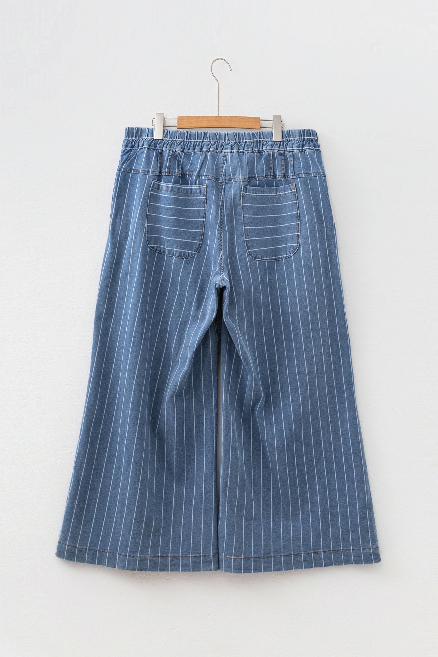 Plus Size Sky Blue Stripe Buttoned Loose Wide Leg Denim Pants