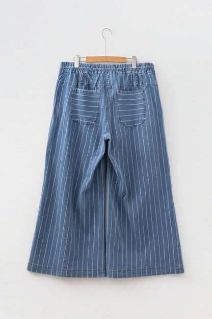 Plus Size Sky Blue Stripe Buttoned Loose Wide Leg Denim Pants