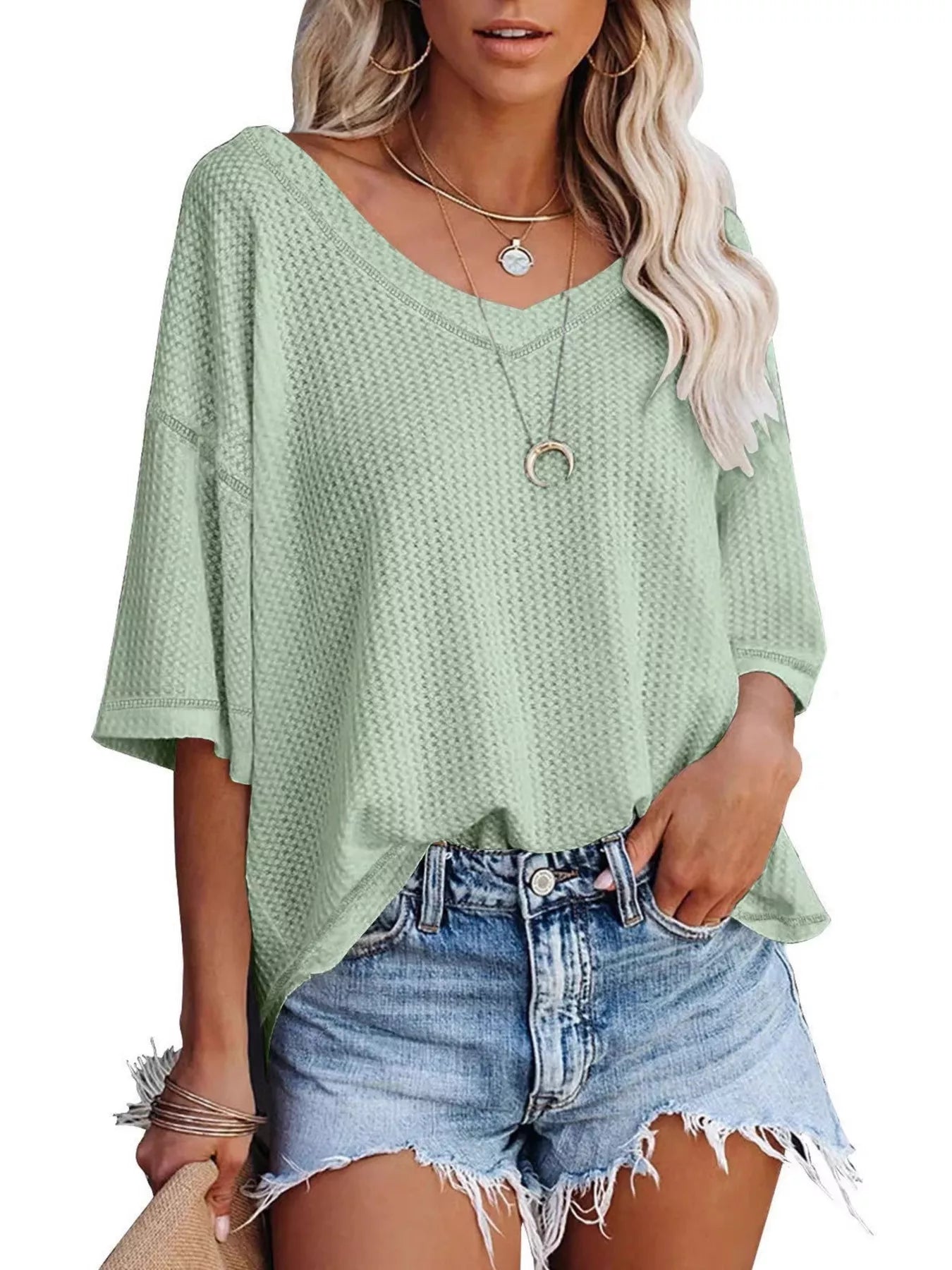 Waffle Knit V-Neck Short Sleeve T-Shirt - Bayou Curves