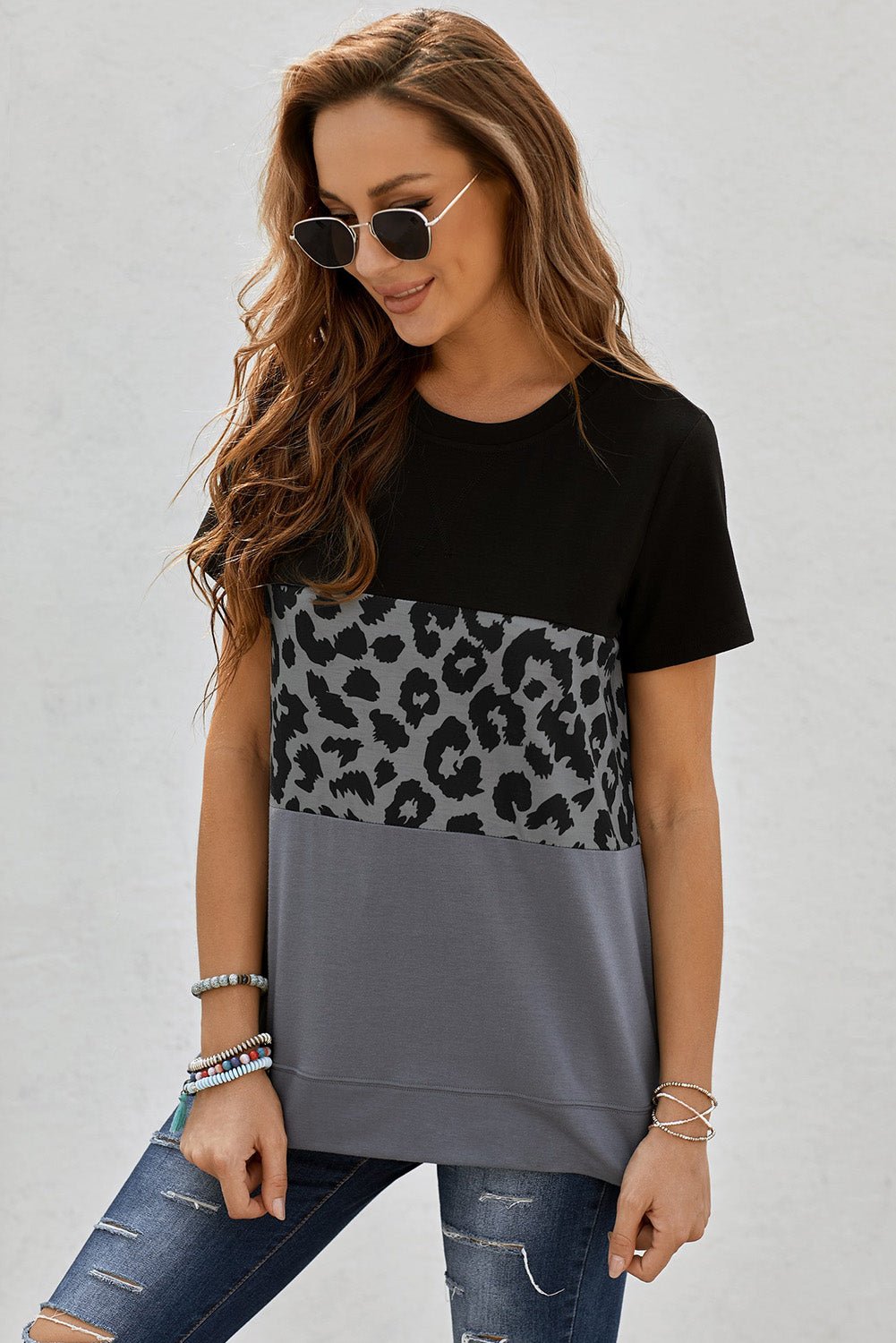 Leopard Print Color Block Short Sleeve T-Shirt - Bayou Curves