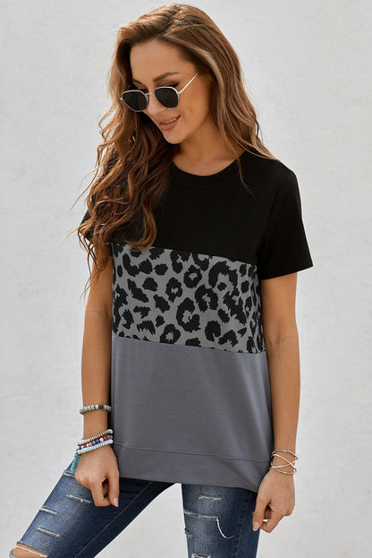 Leopard Print Color Block Short Sleeve T-Shirt - Bayou Curves