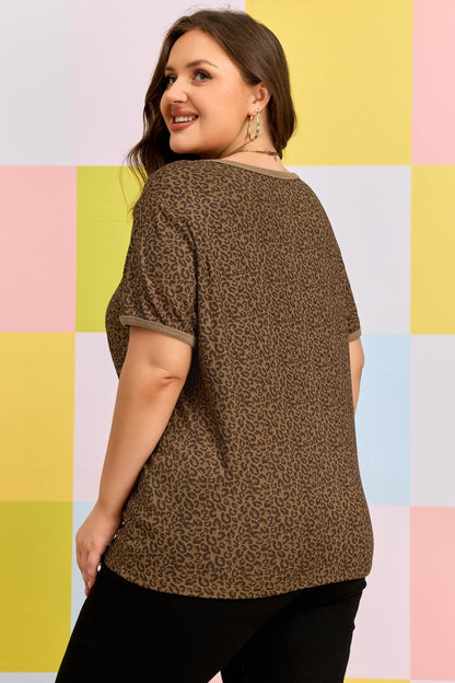 Plus Size Khaki Leopard Print Ribbed Trim Round Neck Tee - Bayou Curves