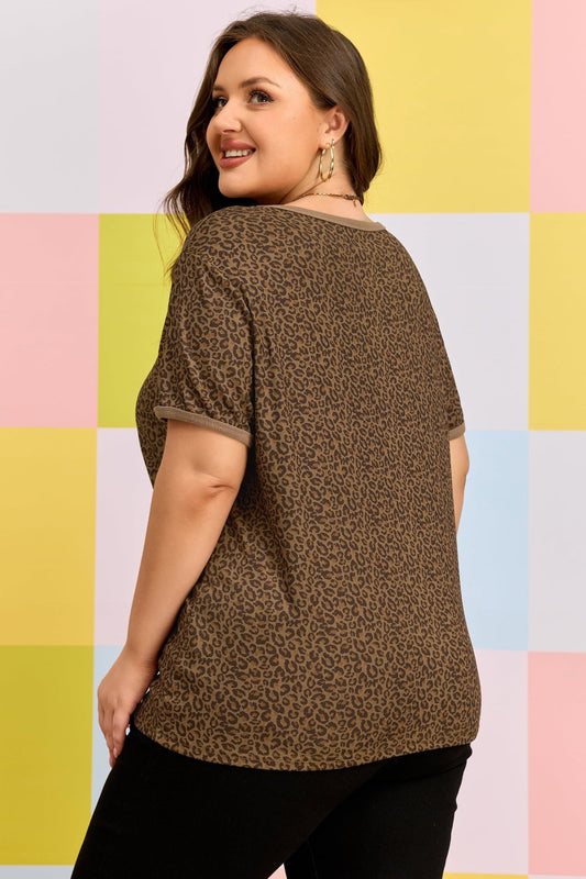 Plus Size Khaki Leopard Print Ribbed Trim Round Neck Tee - Bayou Curves