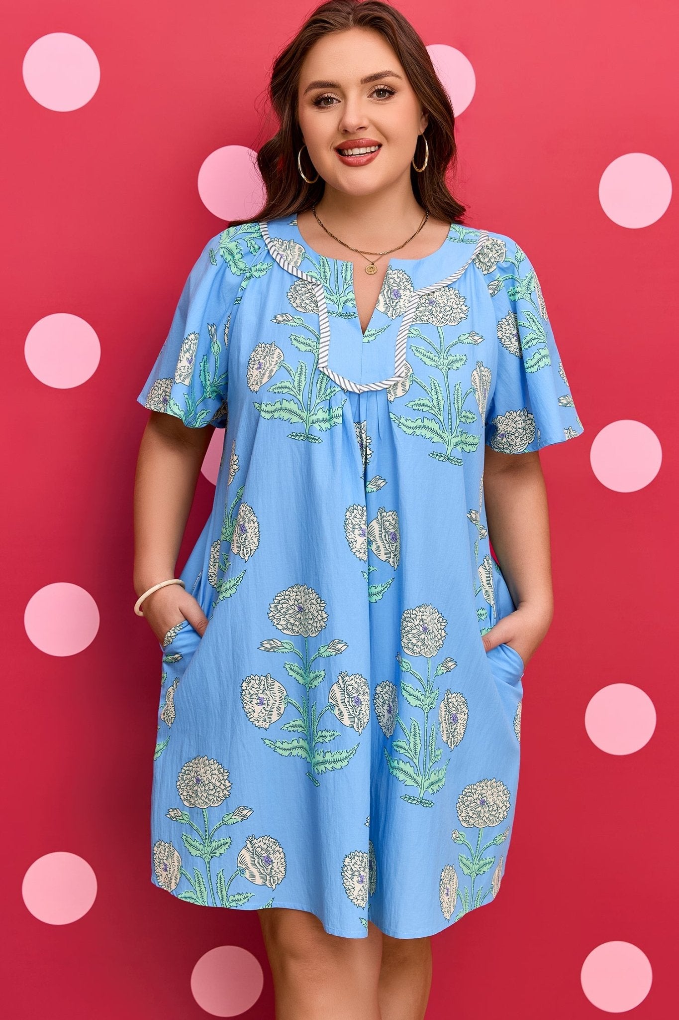 Plus Size Sky Blue Floral Printed Short Sleeve Striped Trim Split Neck Mini Dress - Bayou Curves