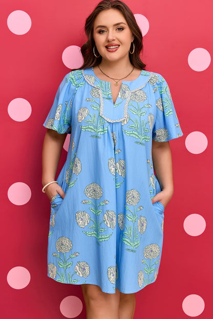 Plus Size Sky Blue Floral Printed Short Sleeve Striped Trim Split Neck Mini Dress - Bayou Curves