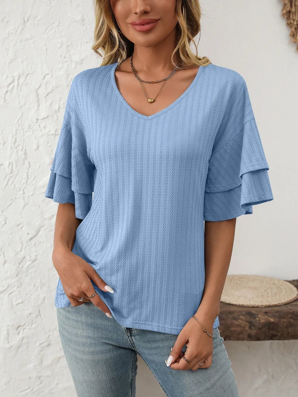 Mandy V-Neck Ruffle Half Sleeve Top - Bayou Curves