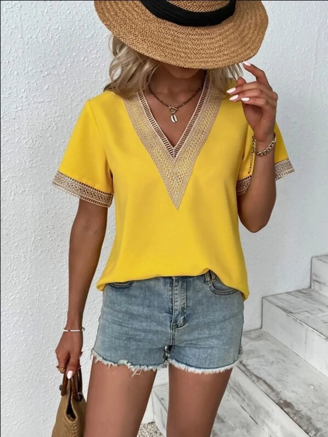 Full Size V-Neck Short Sleeve Blouse Plus Size - Bayou Curves
