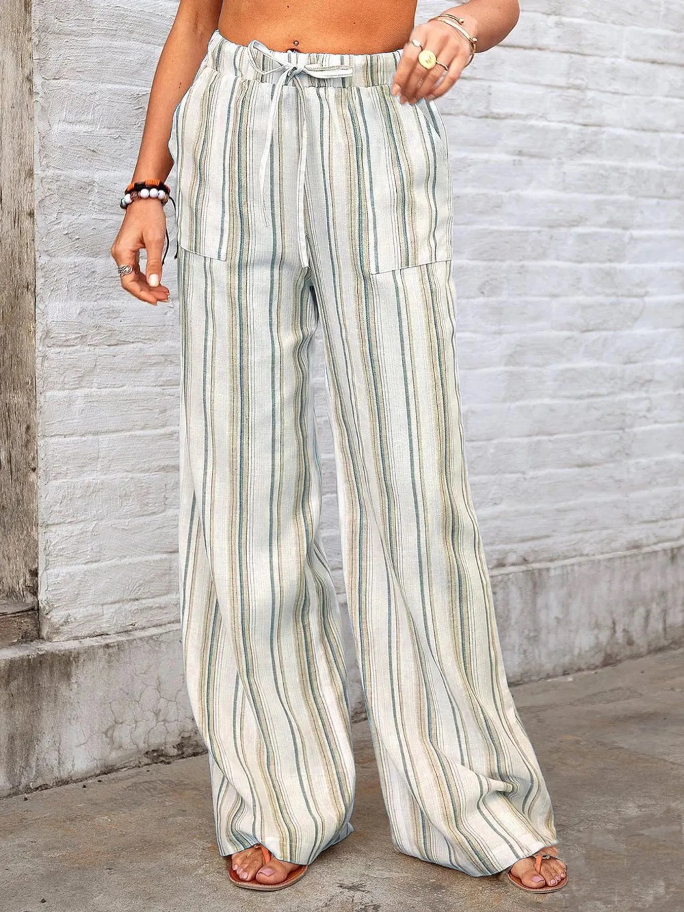 Full Size Striped Wide Leg Pants Plus Size - Bayou Curves