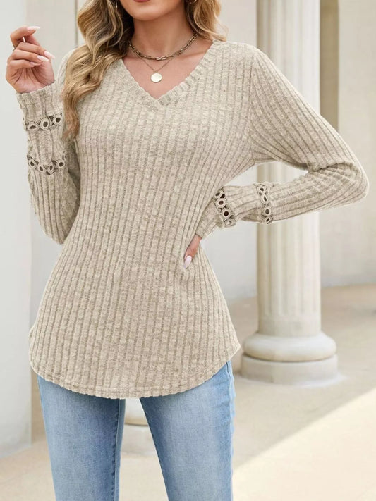 Eyelet You Love Me Ribbed V-Neck Top - Bayou Curves