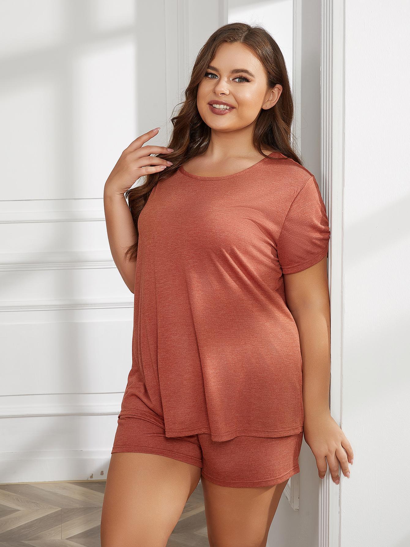 Plus Size Round Neck Short Sleeve Two-Piece Loungewear Set - Bayou Curves