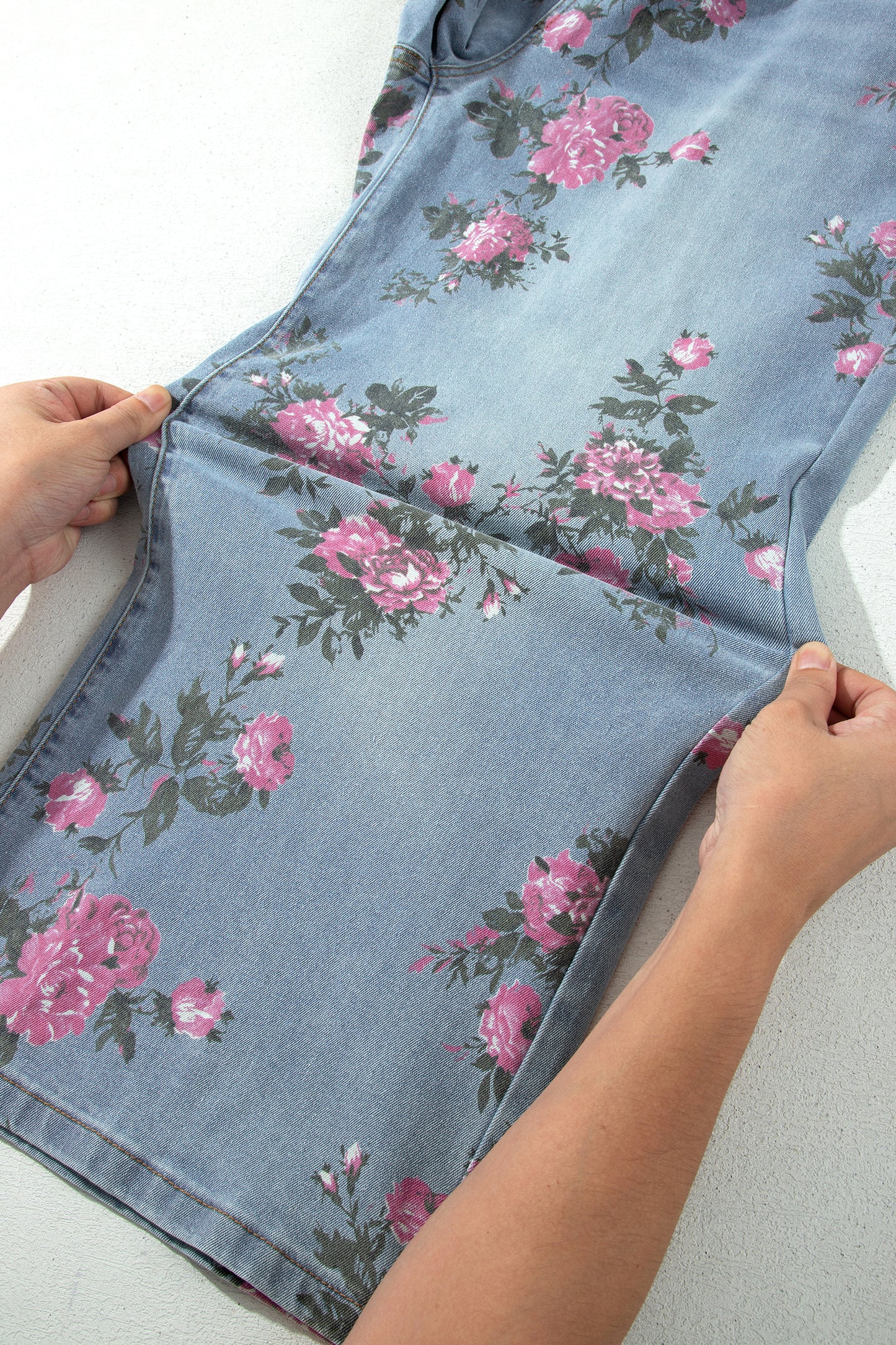 Plus Size Sky Blue Floral Print Ankle Length Loose Jeans