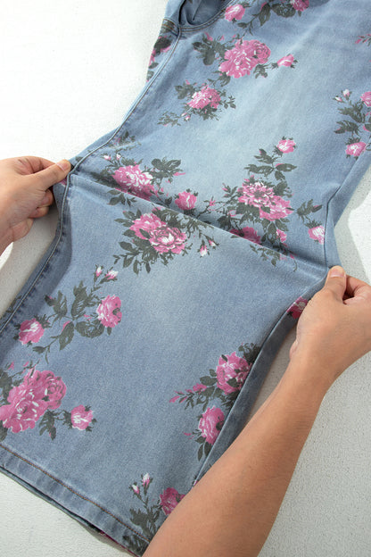 Plus Size Sky Blue Floral Print Ankle Length Loose Jeans