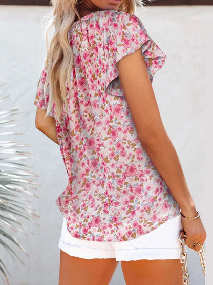Full Size Floral Print Flutter Sleeve V-Neck Blouse Plus Size - Bayou Curves