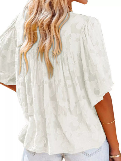 Full Size Textured V-Neck Button-Down Shirt Plus Size - Bayou Curves