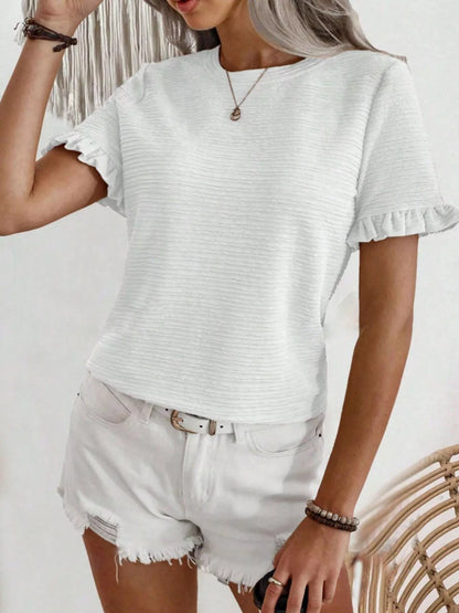Textured Ruffle Sleeve Round Neck T-Shirt - Bayou Curves