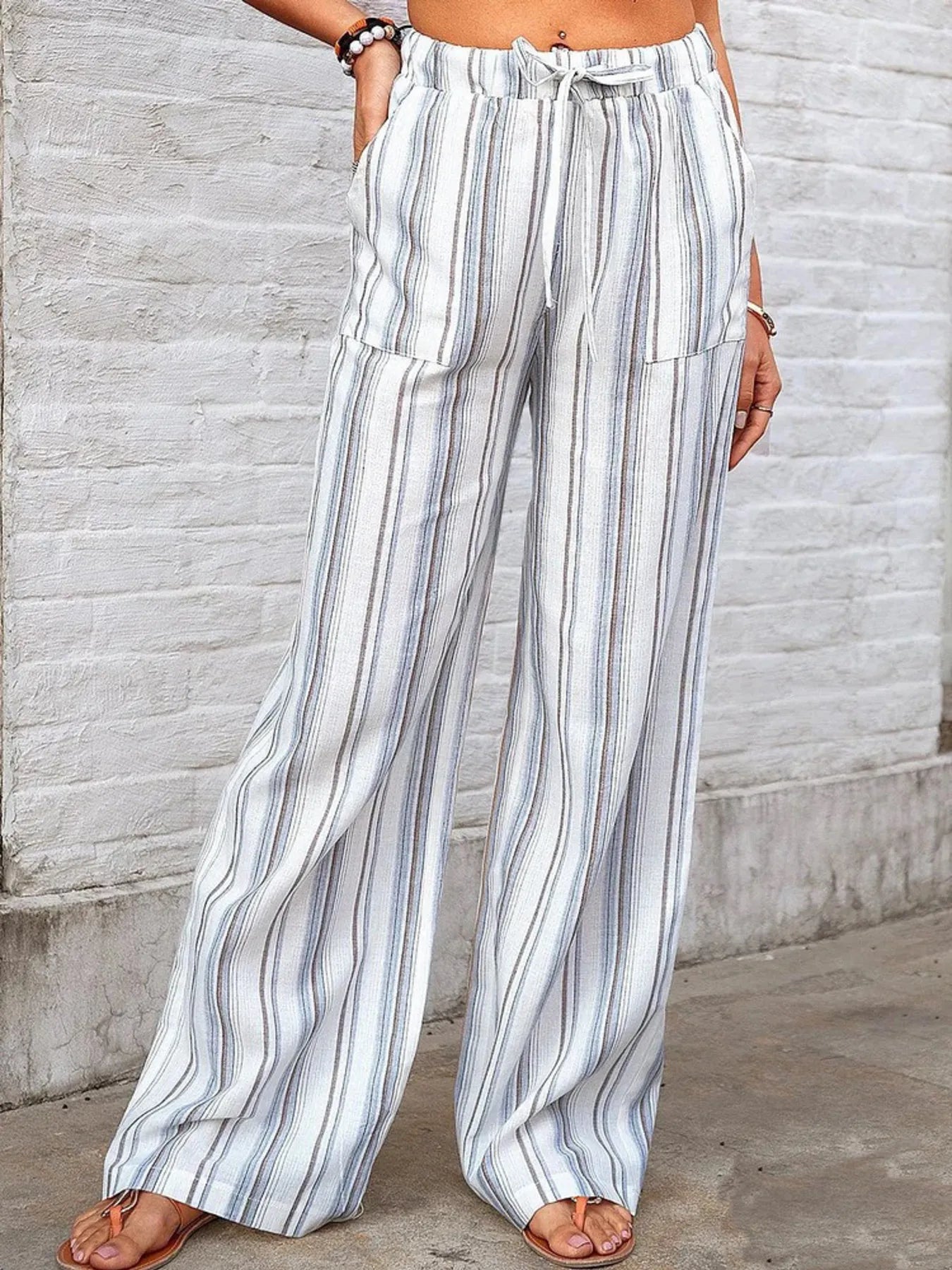 Full Size Striped Wide Leg Pants Plus Size - Bayou Curves