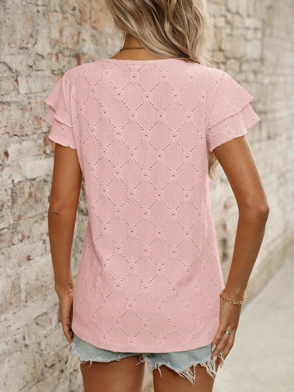 Eyelet Round Neck Double Layered Ruffled Short Sleeve Top - Bayou Curves