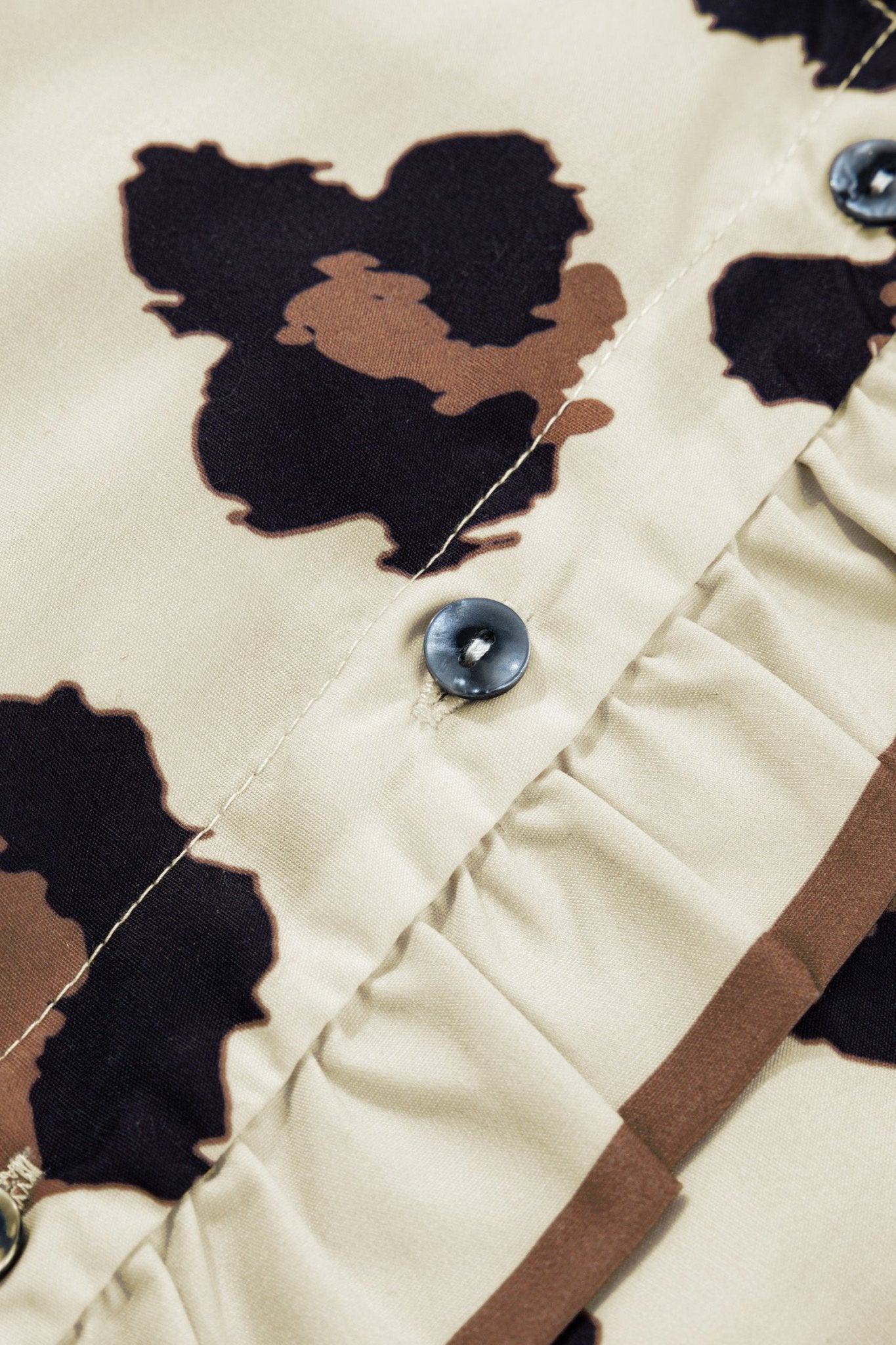 Plus Size Khaki Leopard Print Frilled Color Block Trim Button Down Short Sleeve Blouse - Bayou Curves