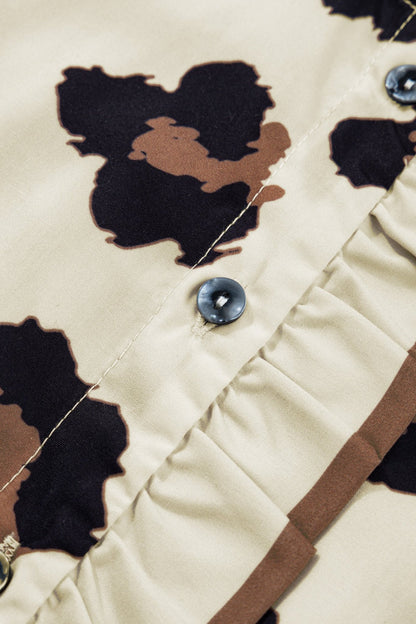 Plus Size Khaki Leopard Print Frilled Color Block Trim Button Down Short Sleeve Blouse - Bayou Curves