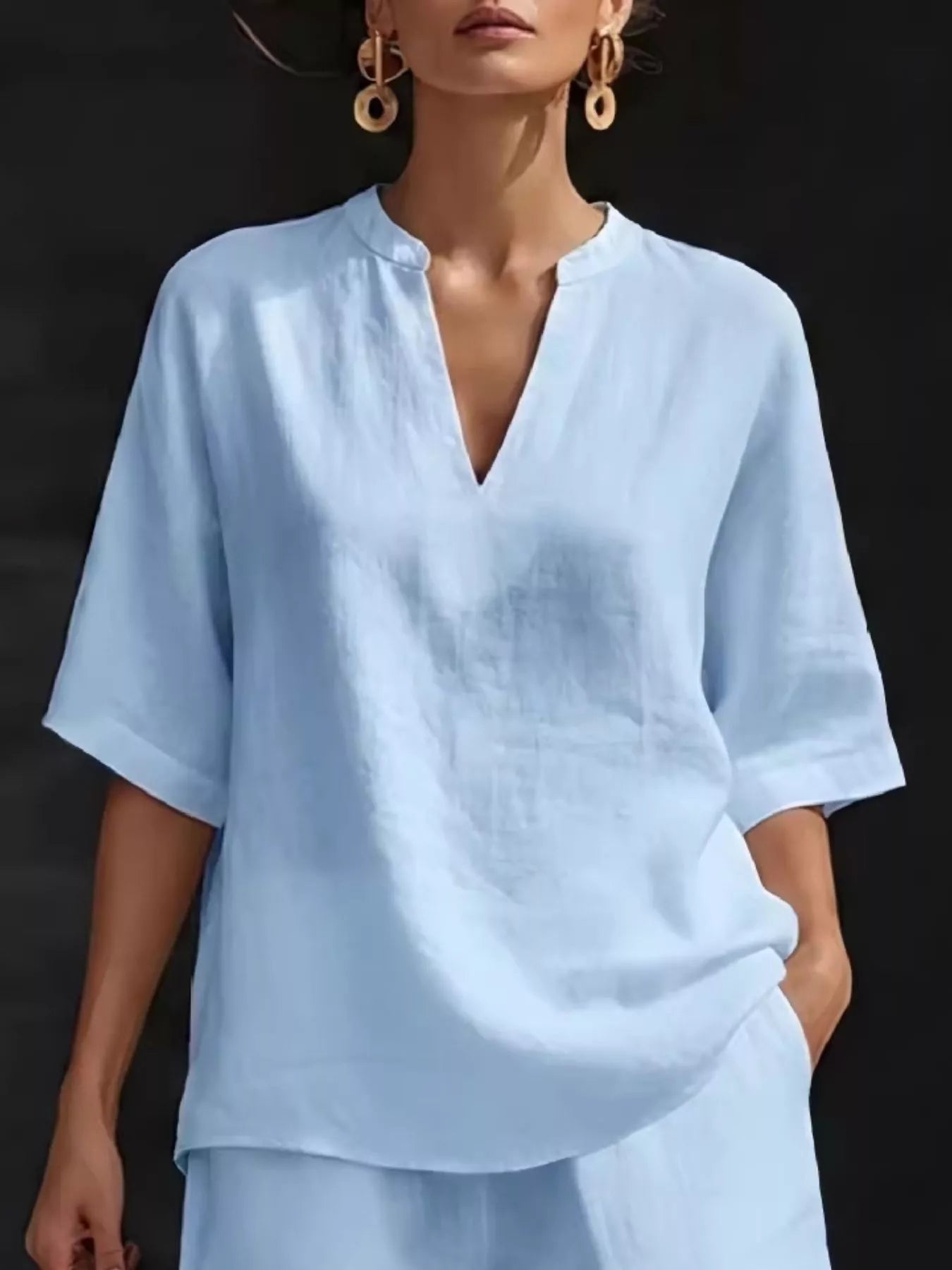 Full Size Notched Half Sleeve Top and Shorts Set Plus Size - Bayou Curves