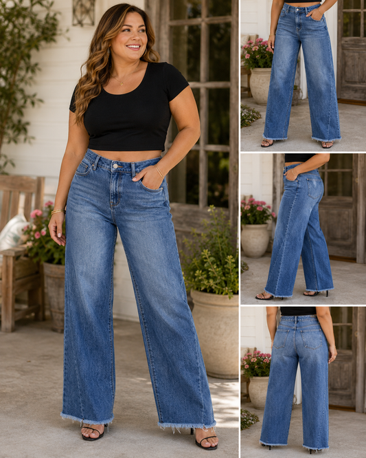 Slim Fit High Waist Wide Leg Jeans With Pockets