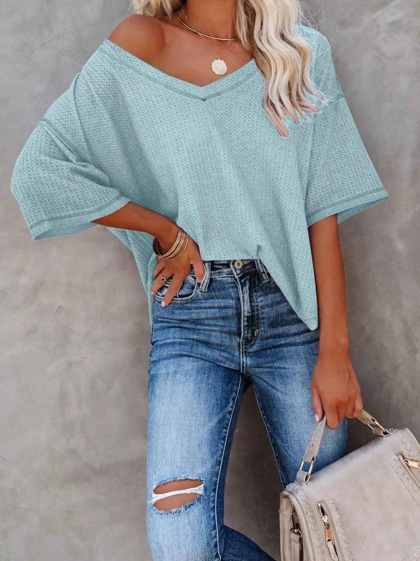 Waffle Knit V-Neck Short Sleeve T-Shirt - Bayou Curves
