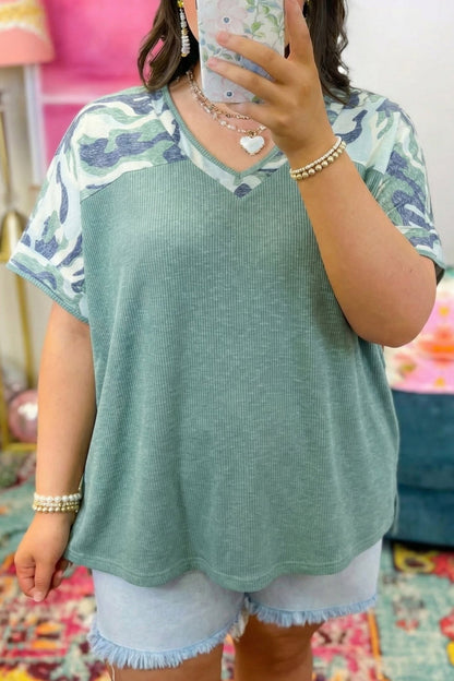 Plus Size Mist Green Ribbed Camouflage Patchwork V Neck Tee - Bayou Curves