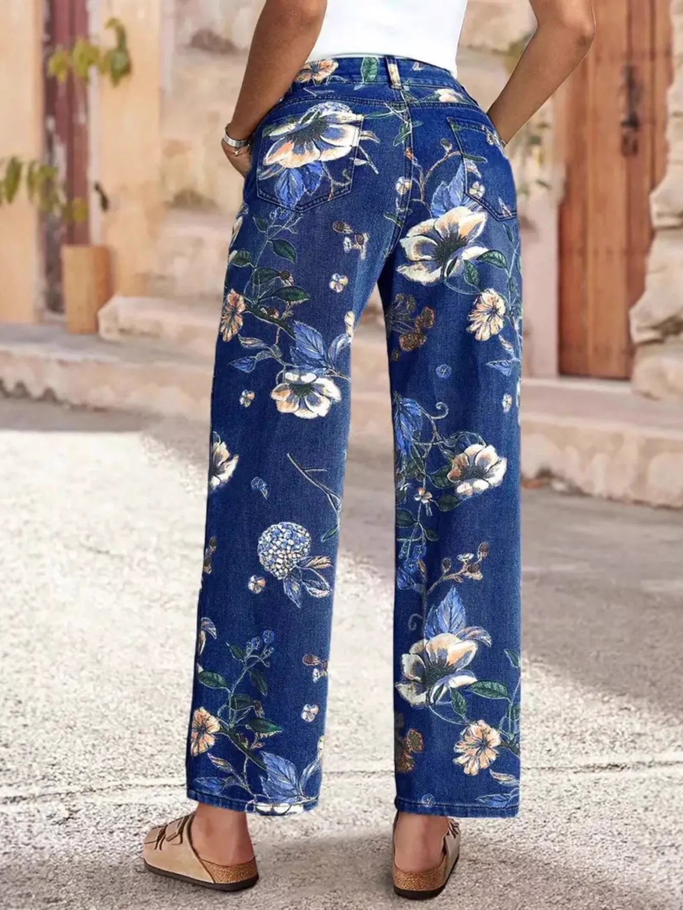 Floral Print Wide Leg Jeans - Bayou Curves