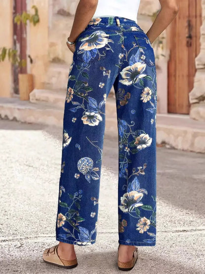Floral Print Wide Leg Jeans - Bayou Curves