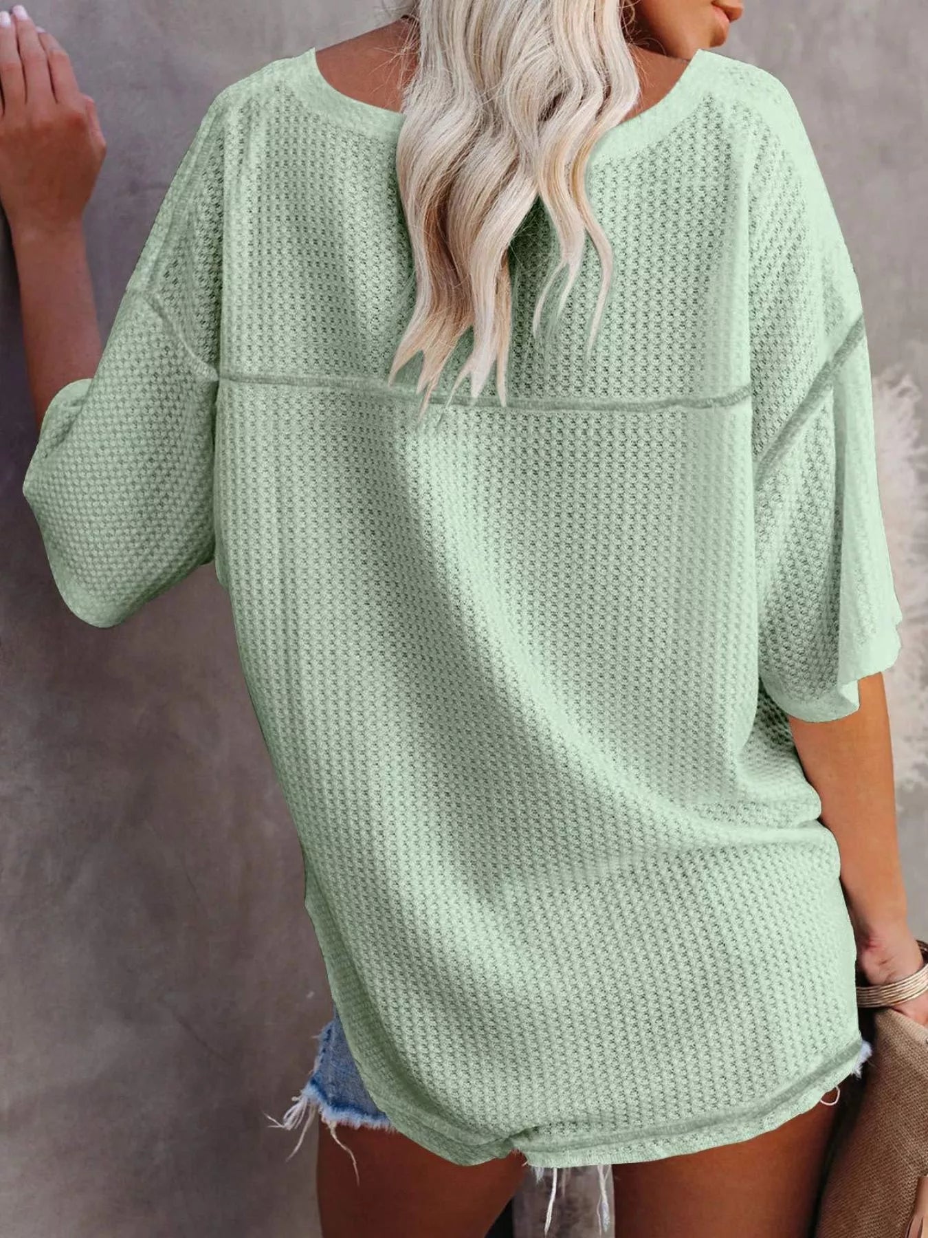 Waffle Knit V-Neck Short Sleeve T-Shirt - Bayou Curves