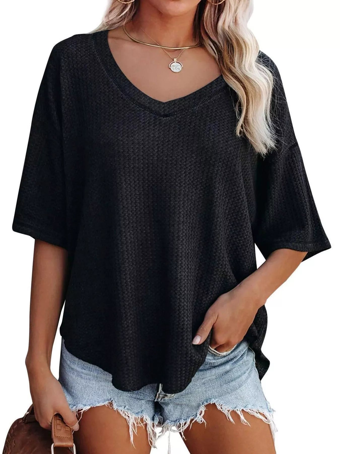 Waffle Knit V-Neck Short Sleeve T-Shirt - Bayou Curves