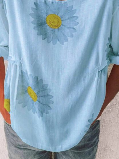 Full Size Flower Round Neck Half Sleeve T-Shirt Plus Size - Bayou Curves