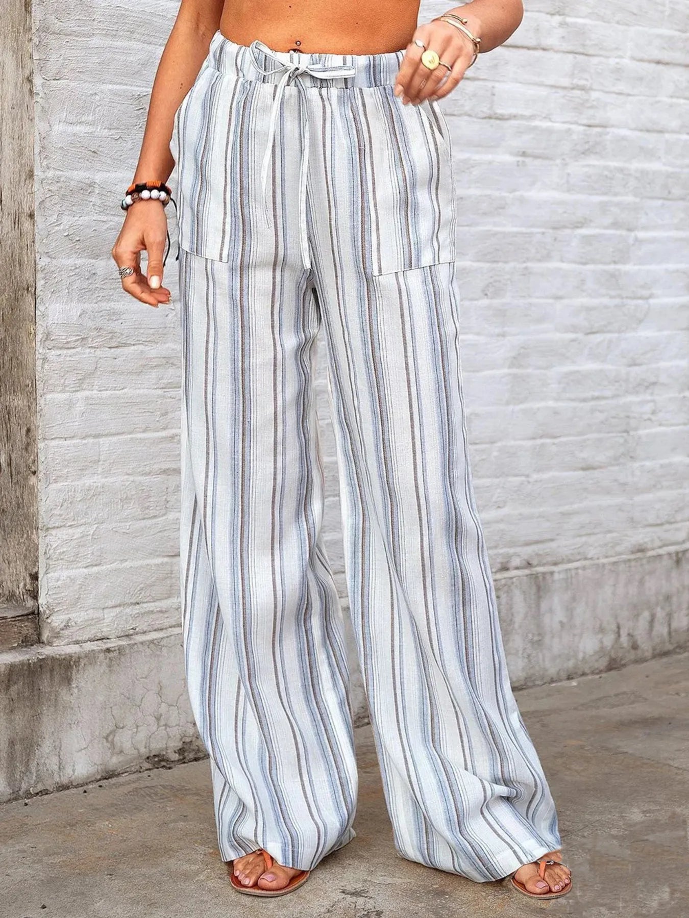 Full Size Striped Wide Leg Pants Plus Size - Bayou Curves