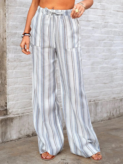 Full Size Striped Wide Leg Pants Plus Size - Bayou Curves