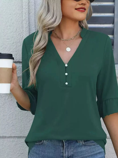 Full Size Notched Flounce Sleeve Blouse Plus Size - Bayou Curves