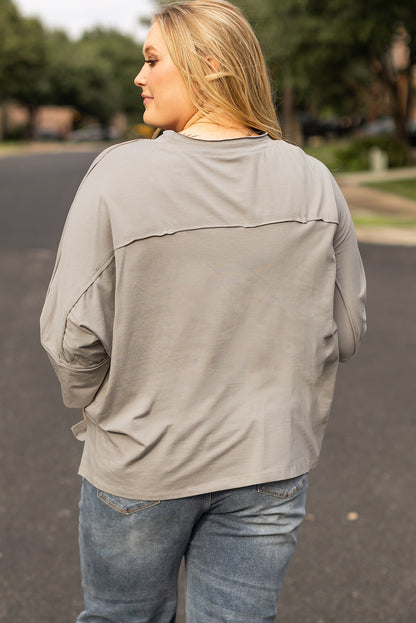Plus Size Medium Grey Floral Star Patched Pattern 3/4 Sleeve Top