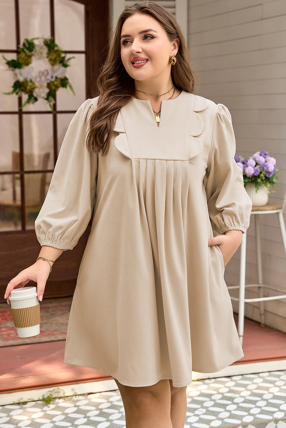 Plus Size Parchment Notched Neck Scallop Detail Mini Dress - Bayou Curves