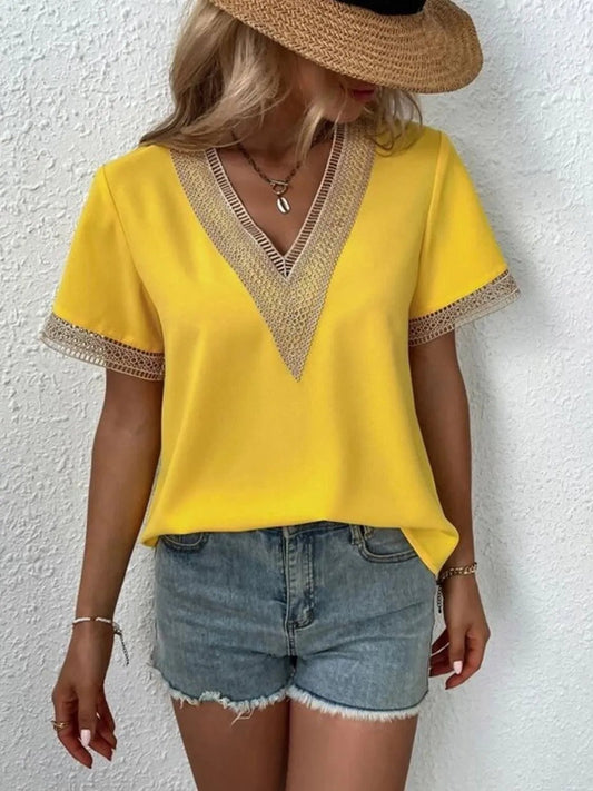 Full Size V-Neck Short Sleeve Blouse Plus Size - Bayou Curves