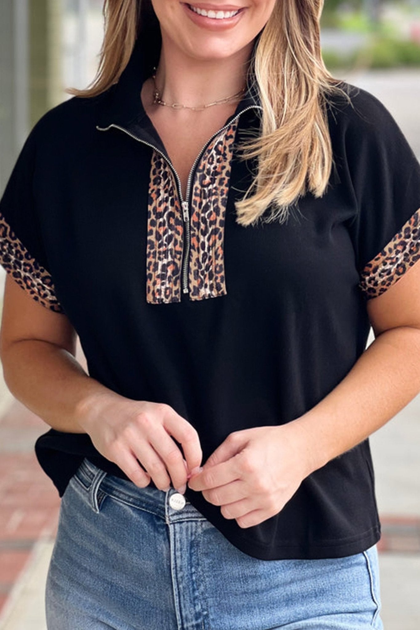 Plus Size Black Leopard Patchwork Half Zip Short Sleeve Top - Bayou Curves