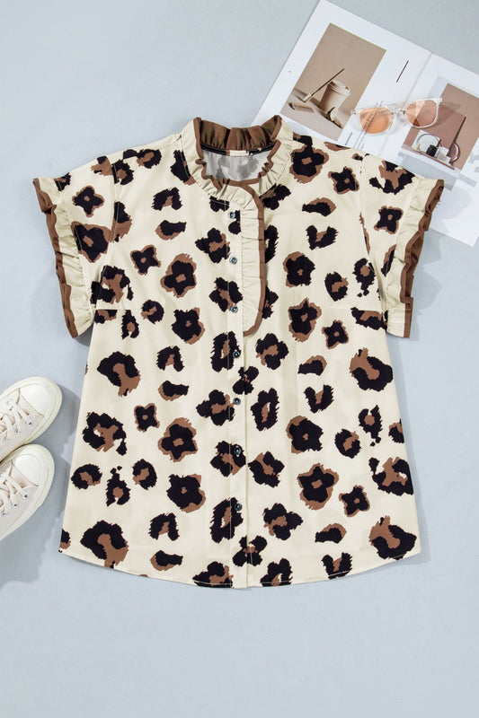 Plus Size Khaki Leopard Print Frilled Color Block Trim Button Down Short Sleeve Blouse - Bayou Curves