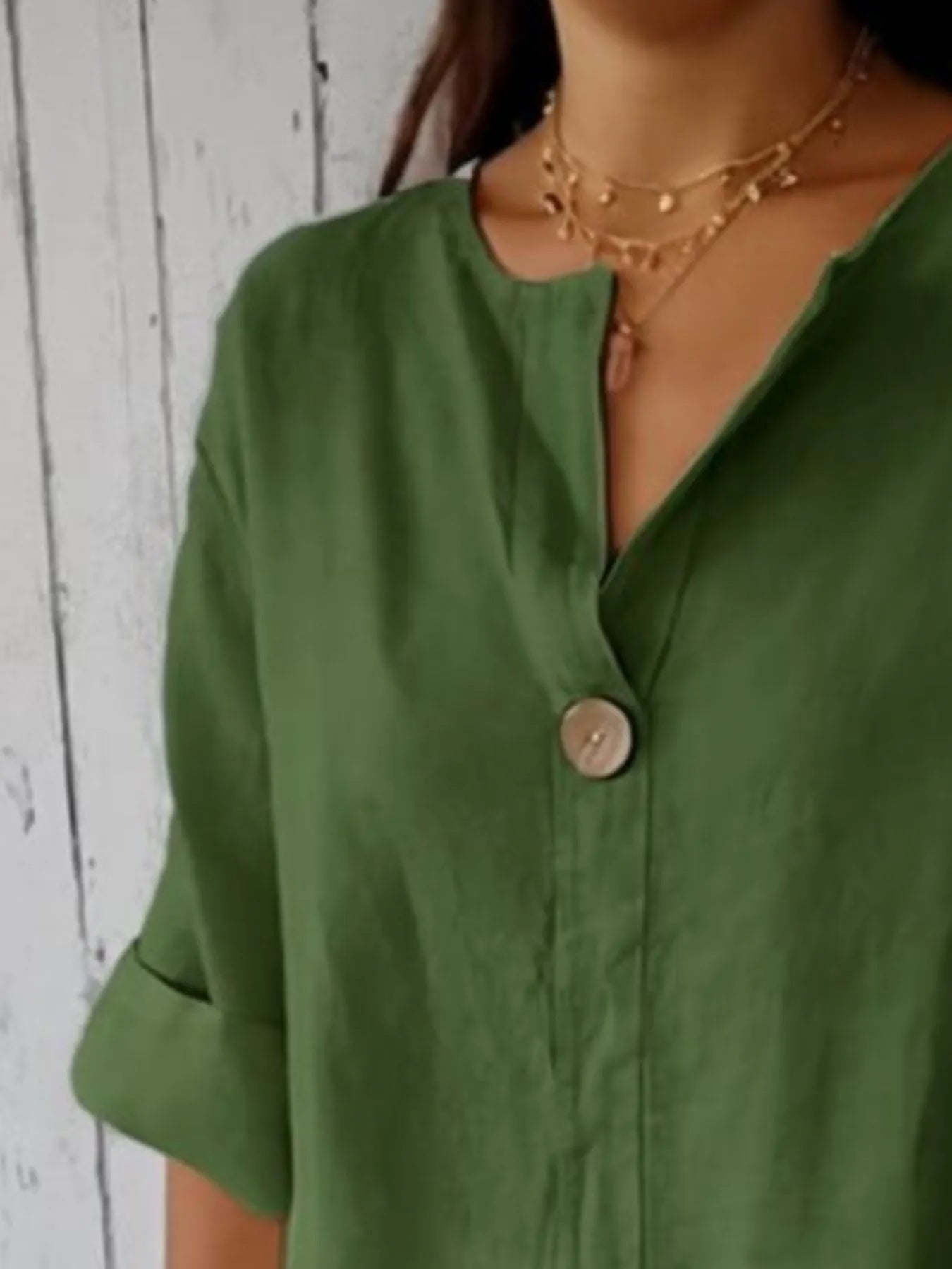 Full Size Linen Blend Notched Blouse Plus Size - Bayou Curves