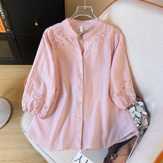 Blue Skies Hollow-Out Sleeve Blouse - Bayou Curves