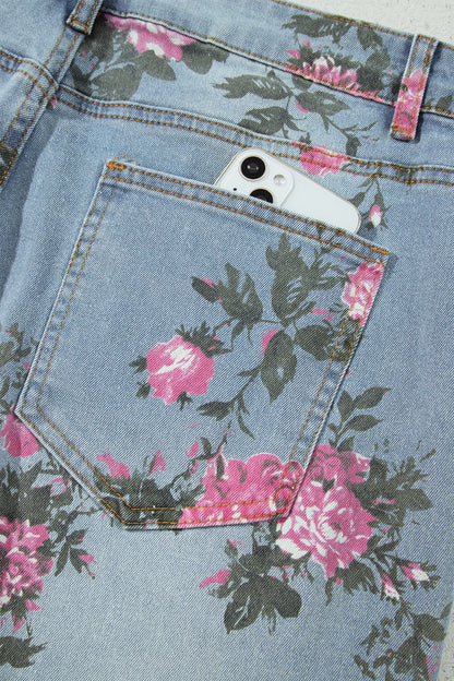 Plus Size Sky Blue Floral Print Ankle Length Loose Jeans