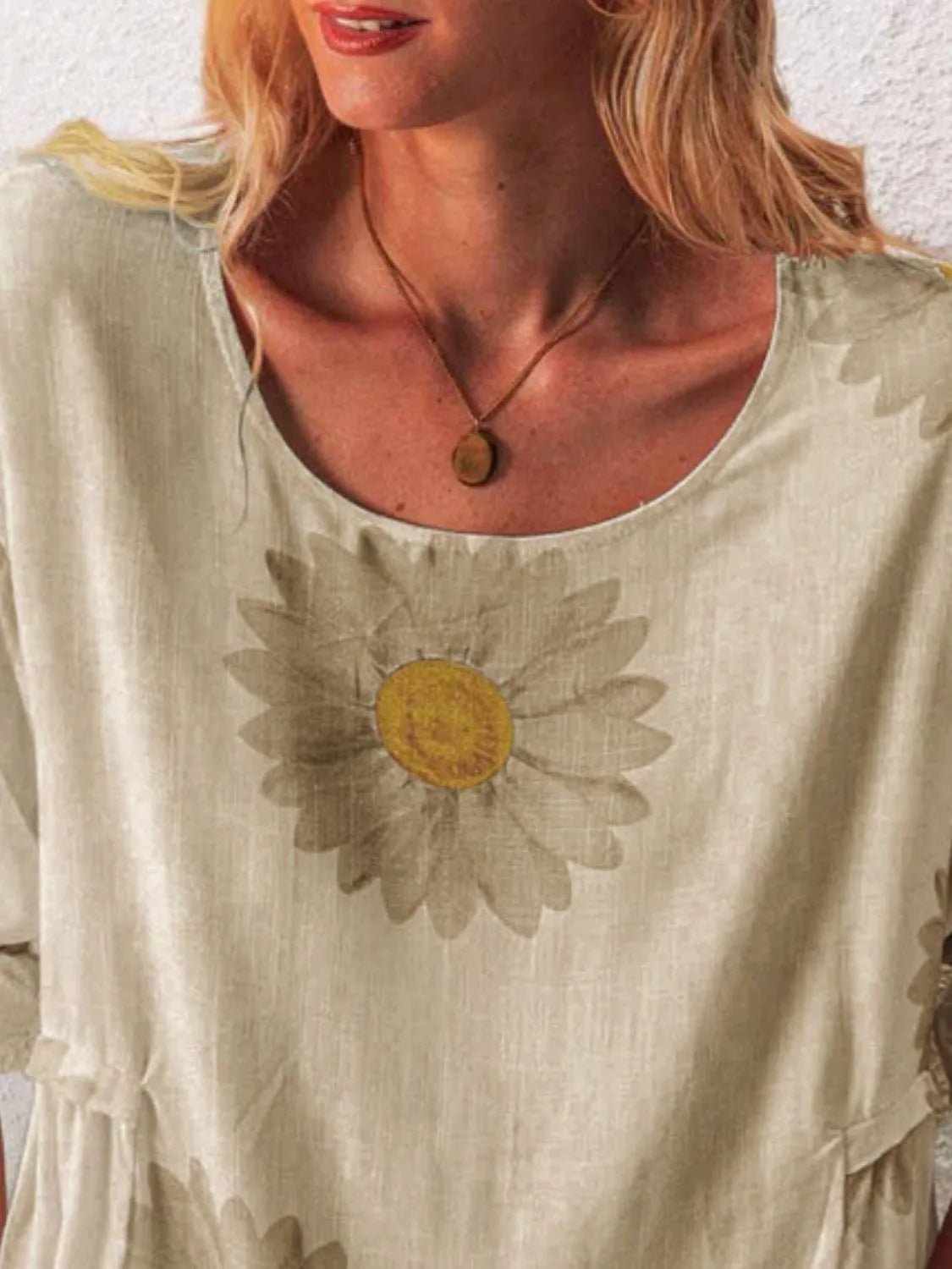 Full Size Flower Round Neck Half Sleeve T-Shirt Plus Size - Bayou Curves