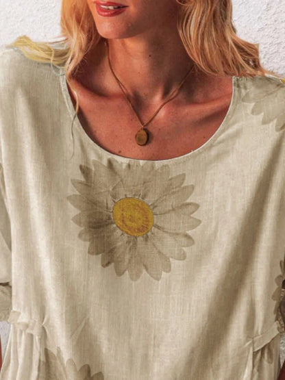 Full Size Flower Round Neck Half Sleeve T-Shirt Plus Size - Bayou Curves