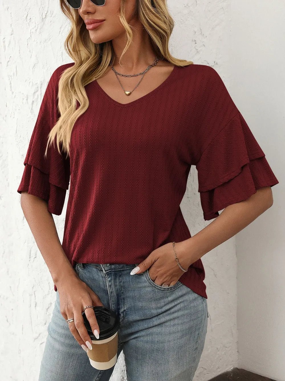 Mandy V-Neck Ruffle Half Sleeve Top - Bayou Curves
