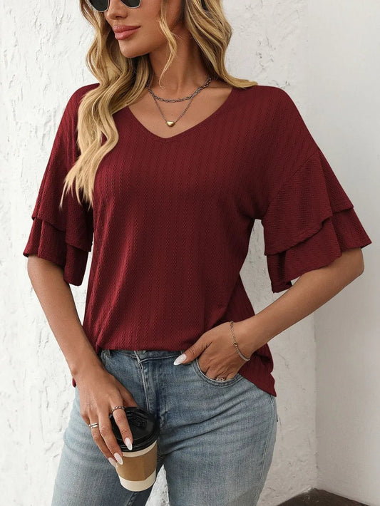 Mandy V-Neck Ruffle Half Sleeve Top - Bayou Curves