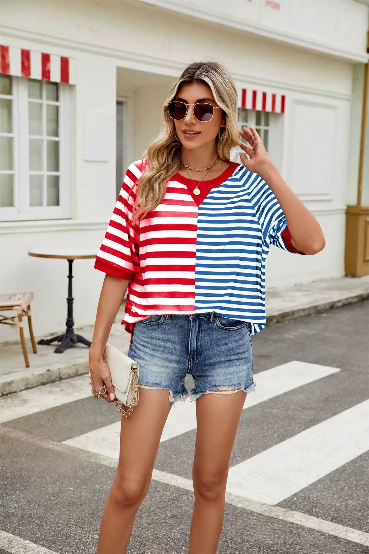 Striped Round Neck Half Sleeve T-Shirt - Bayou Curves