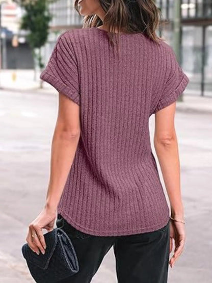 Casual Ribbed Knit Short Sleeve T-Shirt - Bayou Curves