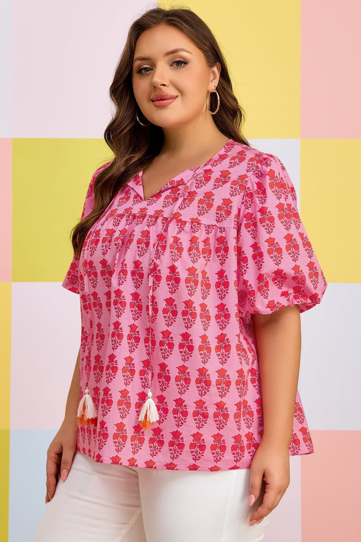 Plus Size Pink Floral Print Tassel Tie Puff Sleeve Cotton Blouse - Bayou Curves